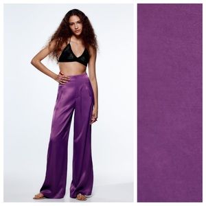 NWT. Zara Purple Satin Full Length High-Waisted Trousers/Pants. Size M.